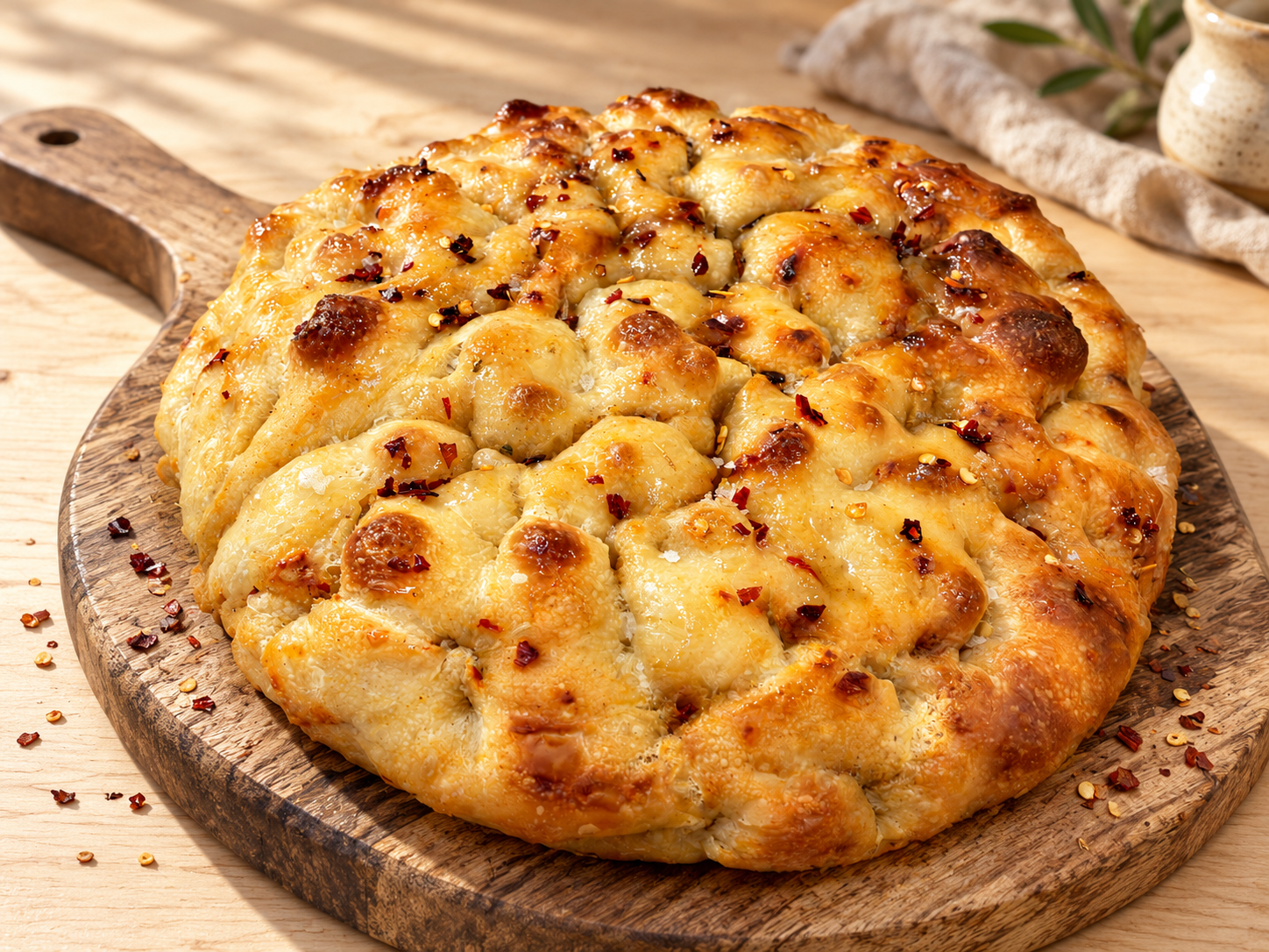 Golden hot honey focaccia on a rustic wooden serving board